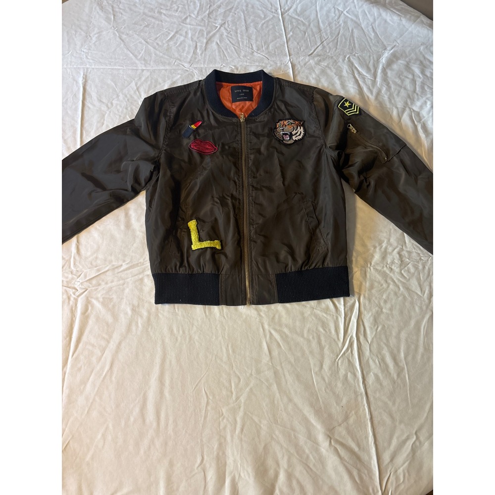 Love Tree Bomber Jacket Womens‎ Large Brown Patched Tiger Military Excellent Zip